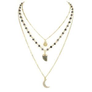 TRENDING FASHION Gray Stone Tooth Charm Layered Style Goldtone Necklace 15" NWT